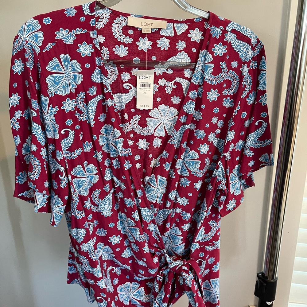 LOFT Women's Floral Wrap Blouse - Burgundy and Light Blue
